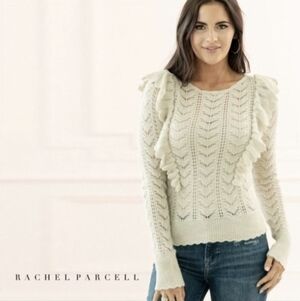 Rachell Parcell Pointelle Wool Blend Ruffled Knit Sweater Cream Large